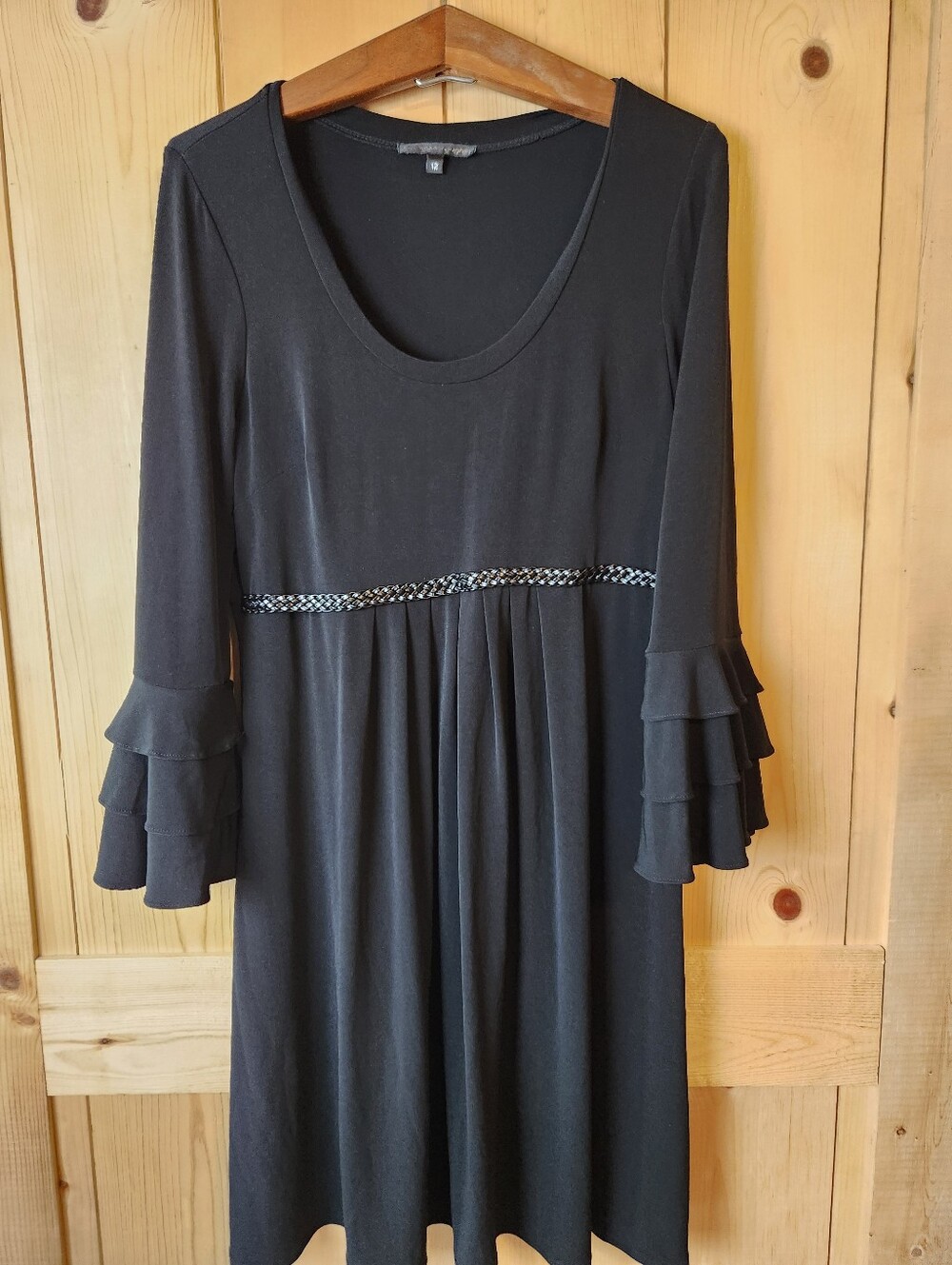 Chris McLaughlin Black Semi-Belted Flounce Sleeve Scoop Neck Dress